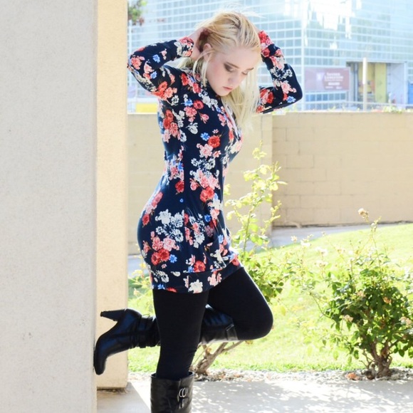 Long Snug Fit Navy Floral Hoodie - Picture 2 of 3